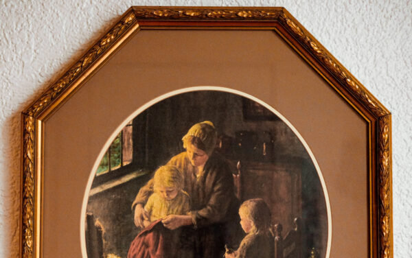 Family Scene in Gold Octagon Frame