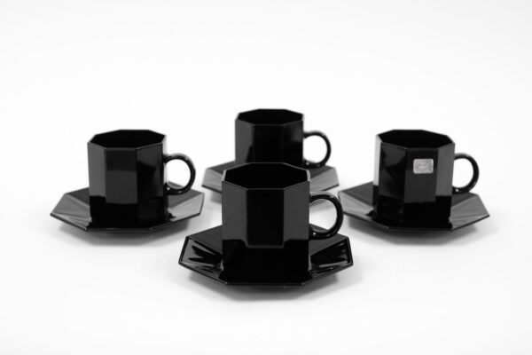 Arcoroc Octime Black Glass Mug and Saucer Set of 4