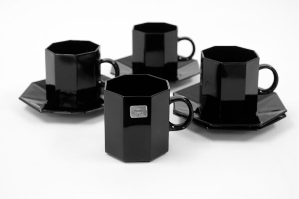 Arcoroc Octime Black Glass Mug and Saucer Set of 4