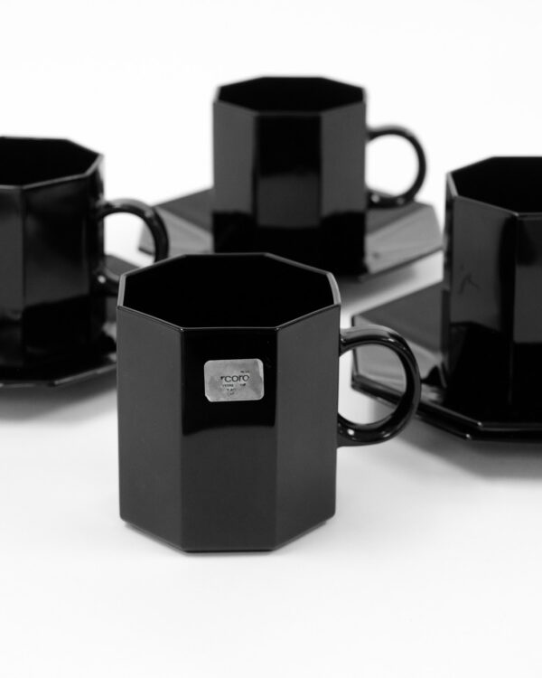 Arcoroc Octime Black Glass Mug and Saucer Set of 4