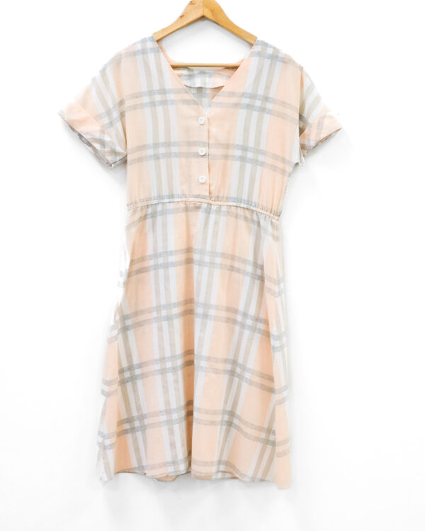 80s Vintage Pink Linen Plaid Dress With Matching Belt