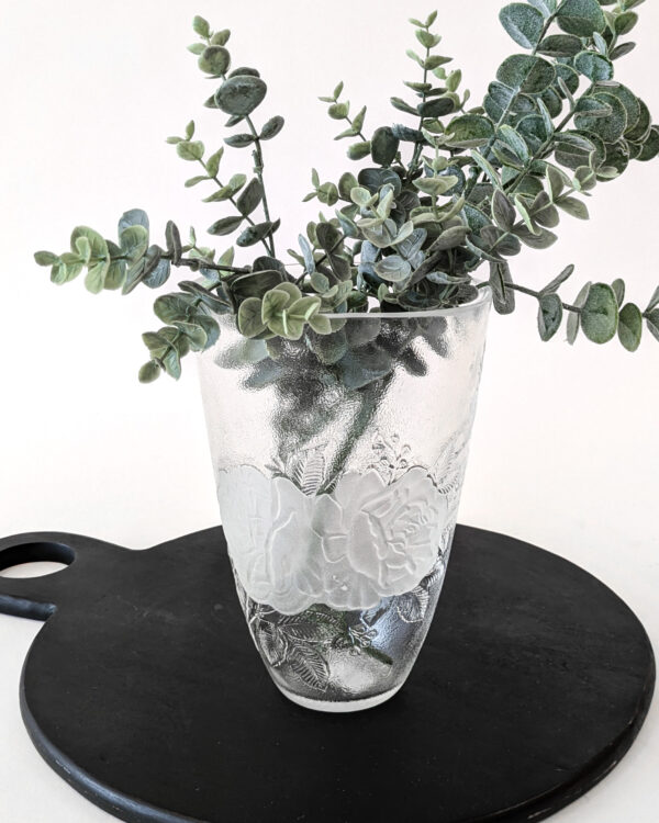 Large Pebbled Glass Vase with Frosted Roses