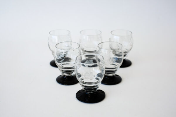 1940's Etched Aperitif Glasses with Black Bases Set of 6