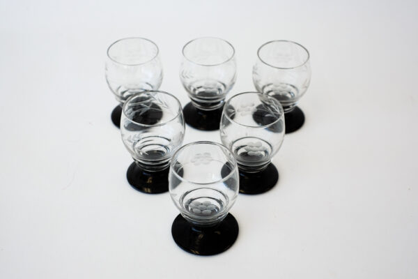 1940's Etched Aperitif Glasses with Black Bases Set of 6