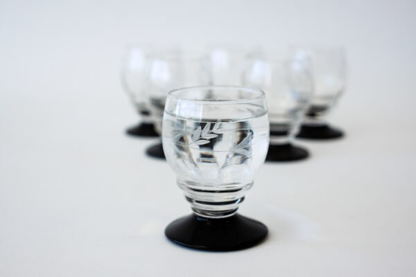 1940's Etched Aperitif Glasses with Black Bases Set of 6