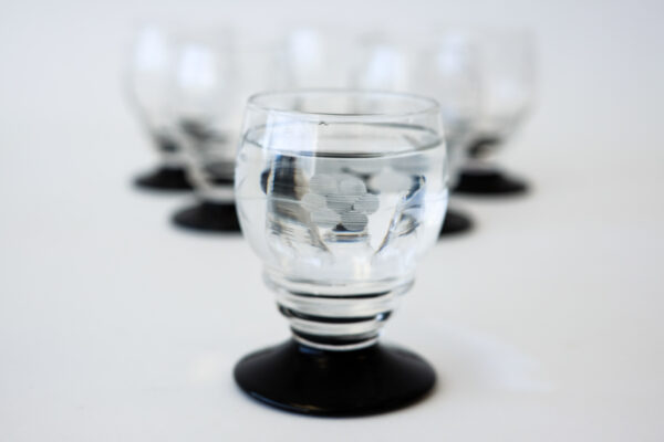 1940's Etched Aperitif Glasses with Black Bases Set of 6