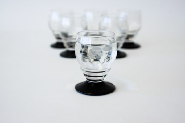 1940's Etched Aperitif Glasses with Black Bases Set of 6