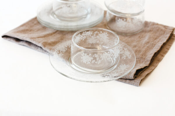 White Rose Enamel Glass Custard Bowl and Plate Set for 4