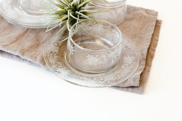 White Rose Enamel Glass Custard Bowl and Plate Set for 4