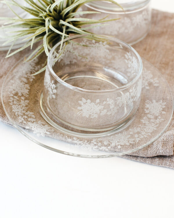 White Rose Enamel Glass Custard Bowl and Plate Set for 4