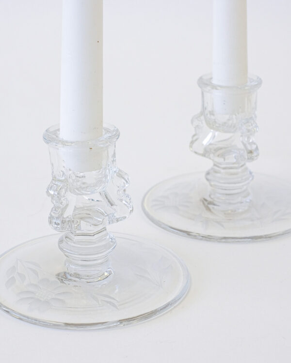 1930’s Hughes Cornflower Etched Tiffin Glass Candle Holder Pair