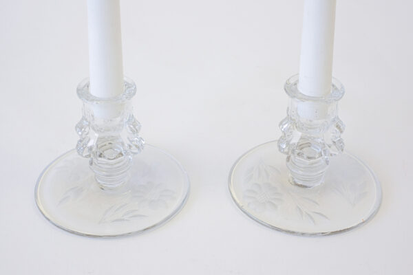 1930’s Hughes Cornflower Etched Tiffin Glass Candle Holder Pair