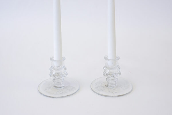 1930’s Hughes Cornflower Etched Tiffin Glass Candle Holder Pair