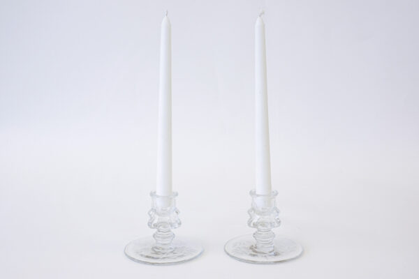 1930’s Hughes Cornflower Etched Tiffin Glass Candle Holder Pair