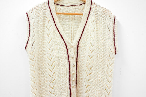 Cream and Red Knit Varsity Vest