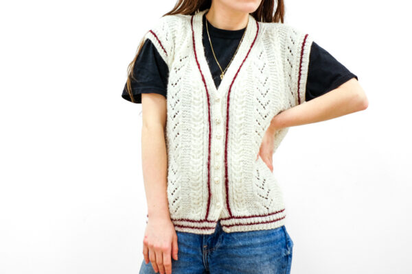 Cream and Red Knit Varsity Vest