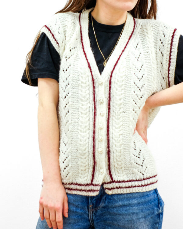 Cream and Red Knit Varsity Vest