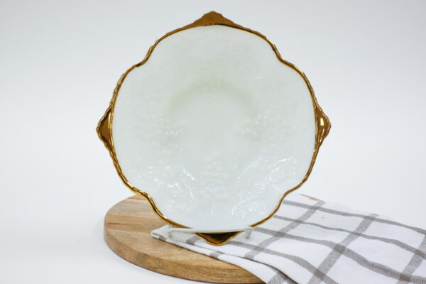 Anchor Hocking Milk Glass and Gold Grape Pedestal Dish