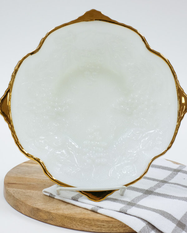 Anchor Hocking Milk Glass and Gold Grape Pedestal Dish