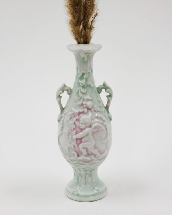 Early 1900's Celadon and Pink Porcelain Cherub Vase