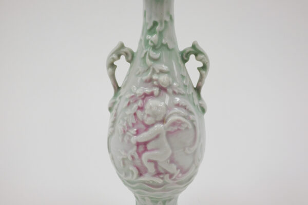 Early 1900's Celadon and Pink Porcelain Cherub Vase