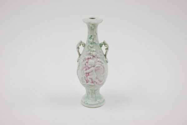 Early 1900's Celadon and Pink Porcelain Cherub Vase