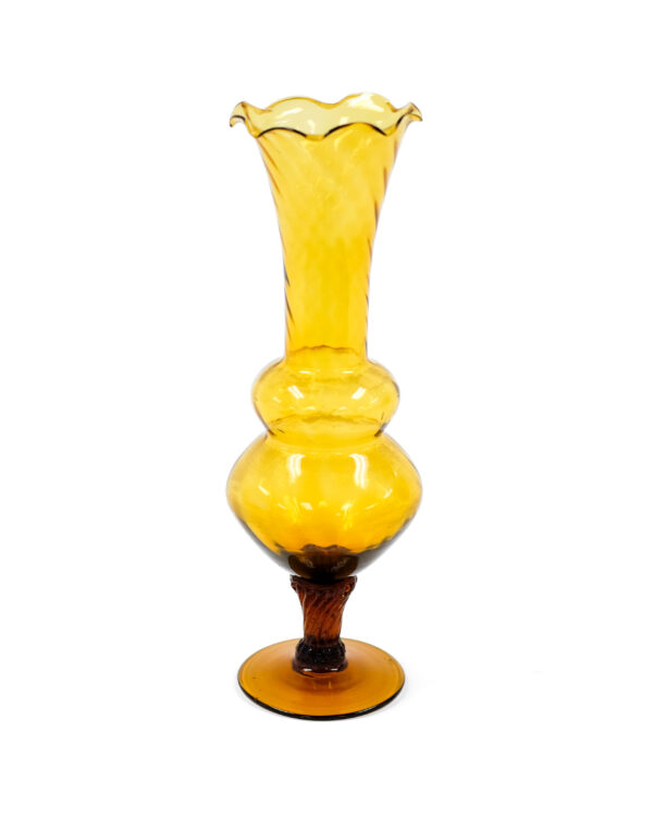 60s Amber Murano Style Blown Art Glass Vase with Crystal Base