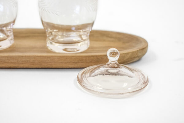 1930s Etched Pink Depression Glass Apothecary Jar Set