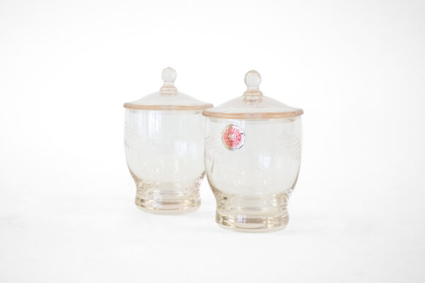 1930s Etched Pink Depression Glass Apothecary Jar Set