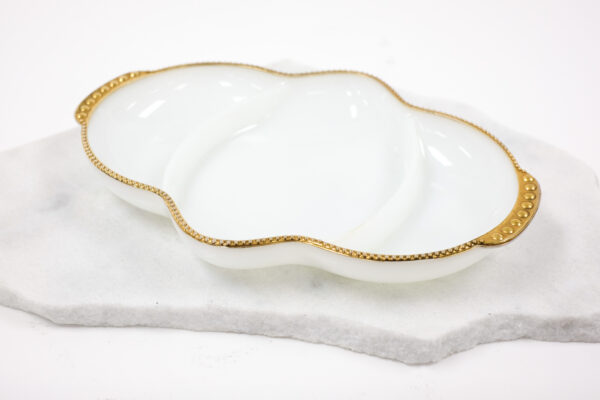 1950's Anchor Hocking Fire King Milk Glass Serving Dish with Gold Beaded Trim