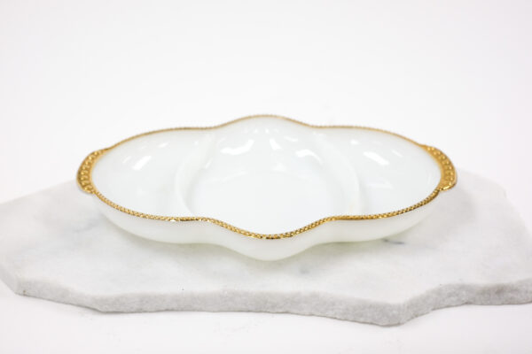 1950's Anchor Hocking Fire King Milk Glass Serving Dish with Gold Beaded Trim