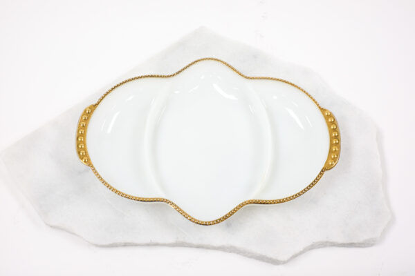 1950's Anchor Hocking Fire King Milk Glass Serving Dish with Gold Beaded Trim