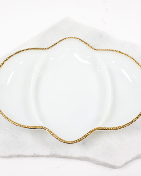 1950's Anchor Hocking Fire King Milk Glass Serving Dish with Gold Beaded Trim