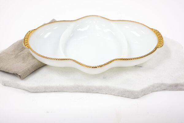 1950's Anchor Hocking Fire King Milk Glass Serving Dish with Gold Beaded Trim