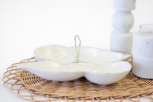 White Speckled California Pottery Divided Tidbit Tray with Silver Handle